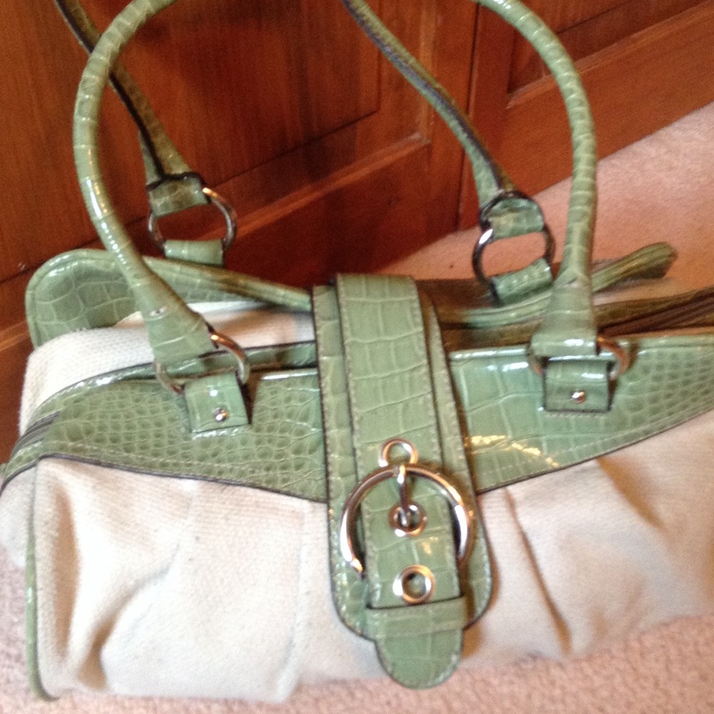 Cream and light green purse pocketbook handbag